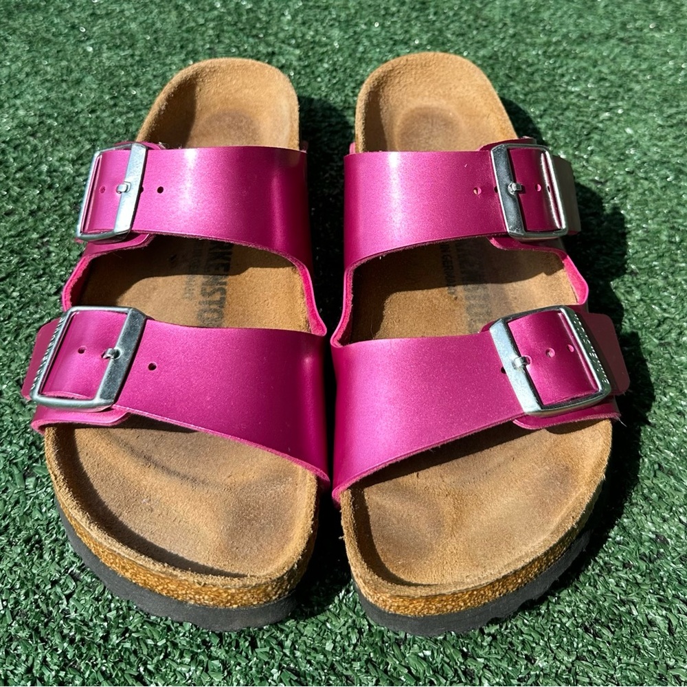 Birkenstock Arizona Buckle Metallic Festival Fuchsia Pink Sandals SZ EU 38 US 7